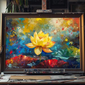 Fine Art Oil Painting Golden Lotus Blossom, Hand-Painted Floral Art on Canvas, Elegant Zen Wall Decor for Living Room or Meditation Space
