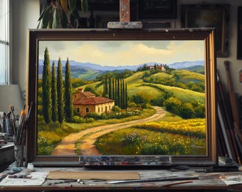 Feinstes Ölgemälde einer toskanischen Landschaft – Handgemalte Landschaftsszene, rustikale Landhaus-Wandkunst, mediterrane Dekorationslandschaft