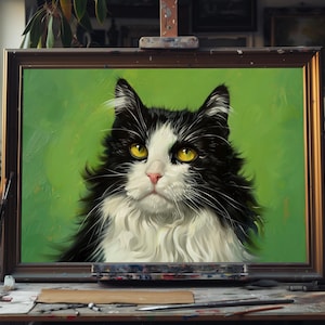 Fine Art Oil Painting Black and White Cat, Tuxedo Feline Canvas Art, Monochrome Cat Wall Decor, Whimsical Pet Portrait for Cat Lovers Decor