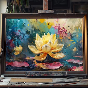 Fine Art Oil Painting Lotus Flower Blooming, Hand-Painted Floral Art on Canvas, Elegant Zen Wall Decor for Living Room or Meditation Space