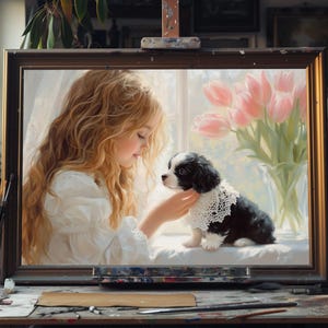 Fine Art Oil Painting of Young Girl with Puppy – Heartwarming Child and Dog Art, Vintage-Inspired Portrait, Handmade Canvas Wall Decor Art