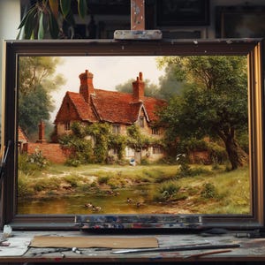 Fine Art English Countryside Oil Painting, Rustic Cottage Meadow Landscape Art, Country Farmhouse Wall Decor, Serene Pastoral Nature Canvas