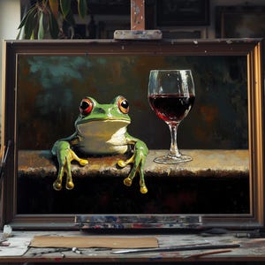 Fine Art Oil Painting Green Frog and Wine, Hand-Painted Whimsical Amphibian Scene on Canvas, Playful Wall Art for Kitchen or Bar Decor Art