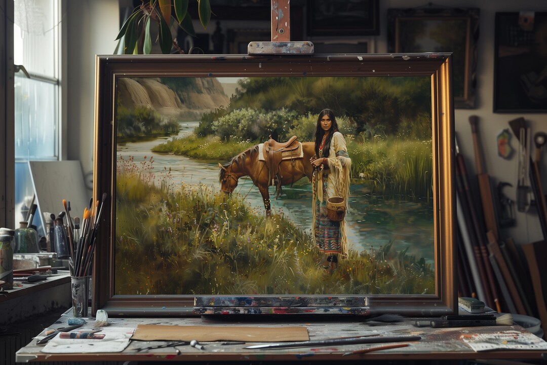 Fine Art Oil Painting Native American Woman and Horse, Hand-painted ...