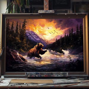 Fine Art Oil Painting Grizzly Bear in River Forest Sunset, Wildlife Landscape Canvas Art, Rustic Nature Wall Decor, Majestic Bear Artwork