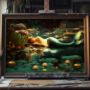 Hand‑Painted Mermaid Oil Painting, Dreamy Underwater Fantasy Siren with Waterlilies, Fine Art Ocean Wall Art, Cottage Decor, Oil Painting