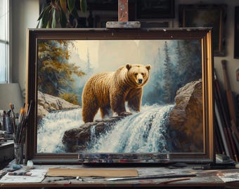 Fine Art-olieverfschilderij van krachtige bruine beer – Majestueuze natuurkunst, rustiek bos muur decor, op de natuur geïnspireerd canvas, handgemaakte dierenkunst