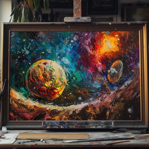 Fine Art Oil Painting Colorful Planet, Hand-Painted Cosmic Landscape, Vibrant Galaxy Scene, Celestial Space Art, Outer Space Canvas Decor