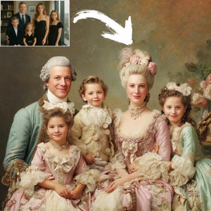 Custom Rococo Royal Family Portrait in Louis XV Style, Elegant Oil Painting of King, Queen & Children in Ornate Pastel Attire, Fine Art Gift