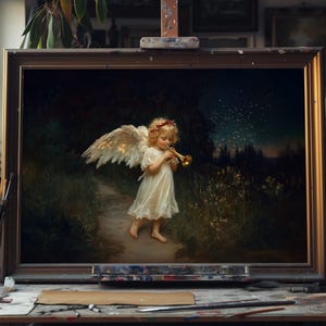 Fine Art Oil Painting Christmas Angel, Hand-Painted Holiday Wall Art, Guardian Angel Canvas, Spiritual Christmas Decor, Religious Artwork