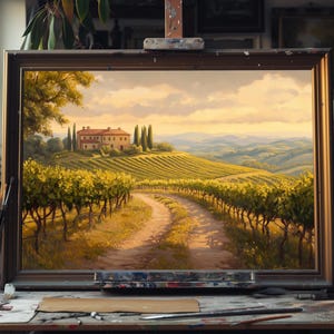 Fine Art Oil Painting Tuscany Vineyard Landscape, Italian Countryside Wall Art, Hand-Painted Rustic Decor, Rolling Hills Canvas, No-Frame