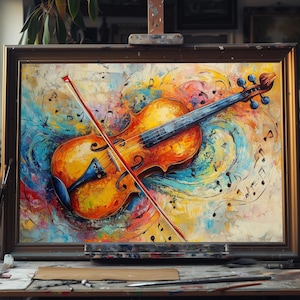 Colorful Violin Oil Painting – Hand-Painted Musical Wall Art, Abstract Violin Canvas, Vibrant Music Decor, Unique Gift for Music Lovers Art