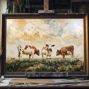 Fine Art Oil Painting of Vintage Cows Grazing – Rustic Farmhouse Landscape Art, Pastoral Country Scene, Antique-Style Wall Decor Handmade