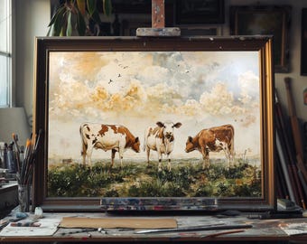 Fine Art Oil Painting of Vintage Cows Grazing – Rustic Farmhouse Landscape Art, Pastoral Country Scene, Antique-Style Wall Decor Handmade