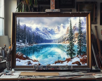 Majestic Glacial Lake Fine Art Oil Painting, Hand‑Painted Mountain Lake Canvas, Alpine Wilderness Wall Decor, Nature Landscape Art, Oil Art