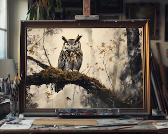 Fine Art peinture à l'huile Grand-duc d'Amérique dans la brume de la forêt, art mystique des oiseaux des bois, toile de la faune nocturne, art déco murale nature rustique
