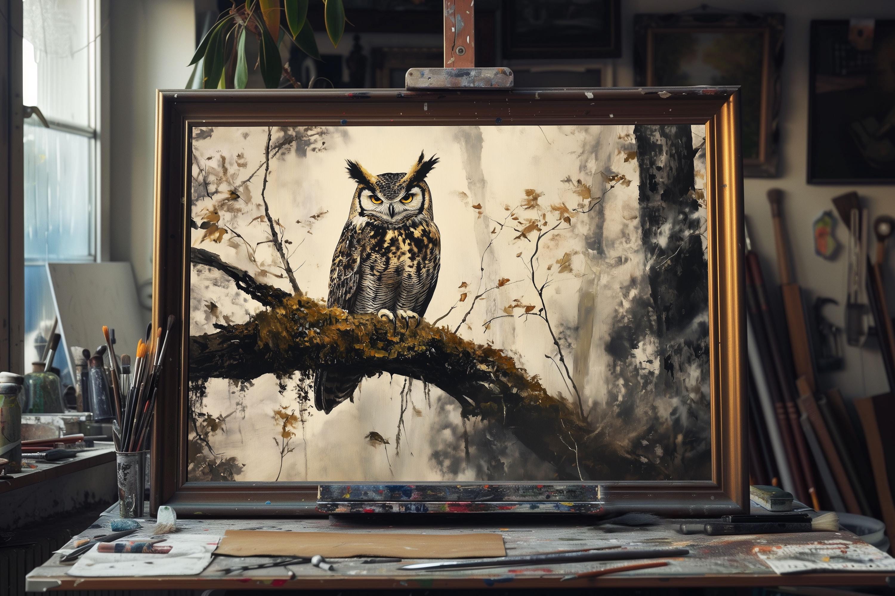 Fine Art Oil Painting Great Horned Owl in Forest Mist, Mystical Woodland Bird Art, Nocturnal Wildlif