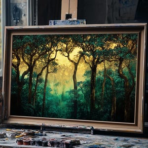 May include: A framed painting of a forest scene with tall trees and a misty background. The painting is in a wooden frame and is on an easel.
