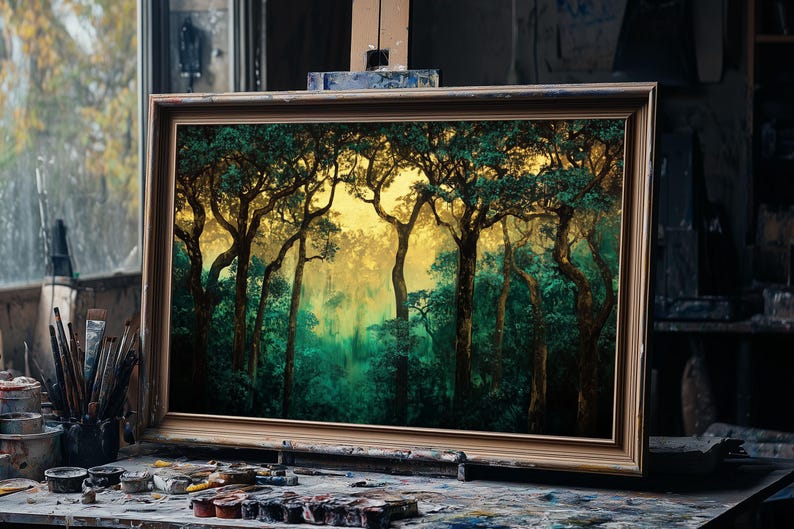 May include: A framed painting of a forest scene with tall trees and a misty background. The painting is in a wooden frame and is on an easel.