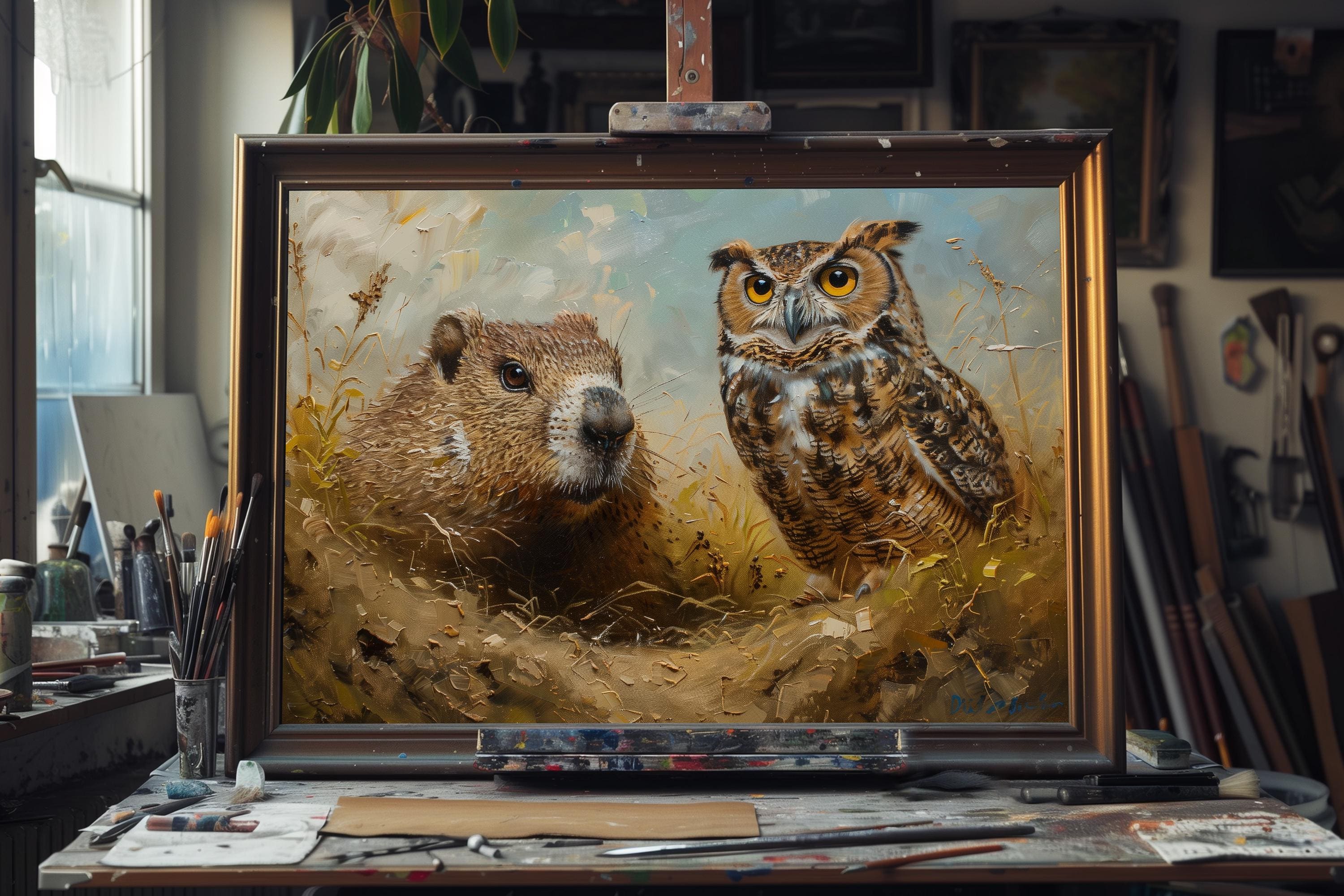 Fine Art Oil Painting Groundhog and Owl, Wildlife Animal Canvas Art, Woodland Forest Wall Decor, Nat