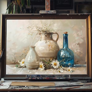 Vaso floreale dipinto a olio su tela, natura morta vintage, bouquet di fiori dipinto a mano, arredamento classico per la casa, opera d&#39;arte unica fatta a mano