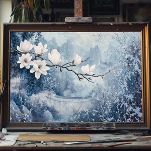 Fine Art Oil Painting Magnolia and Chinese Castle, Serene Oriental Landscape Canvas Art, Tranquil Asian Wall Decor, Nature-Inspired Artwork