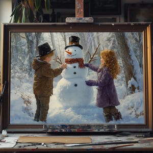 Fine Art Oil Painting of Two Children Building Snowman – Whimsical Winter Scene, Handmade Canvas Art, Vintage-Inspired Holiday Wall Decor