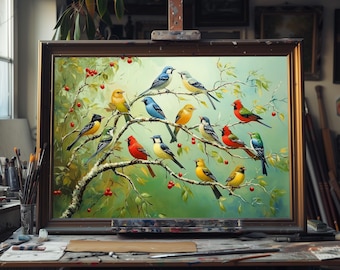 Colorful Birds Oil Painting – Hand-Painted Vibrant Bird Wall Art, Abstract Avian Canvas, Nature-Inspired Home Decor, Unique Bird Lovers Gift