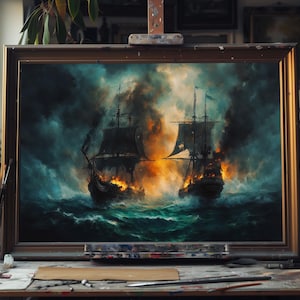 Fine Art Oil Painting Grand Ships Naval Battle Scene, Handcrafted Maritime Canvas Art, Historical Sea Warfare, Nautical Wall Decor