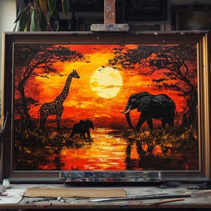 Fine Art Oil Painting African Savanna at Sunset, Vibrant Safari Landscape Art, Acacia Tree Canvas, Wildlife Wall Decor, Nature Lover Gift