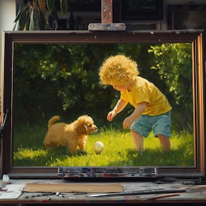 Fine Art Oil Painting of Young Child with Small Puppy – Heartwarming Vintage-Style Portrait, Handmade Canvas, Nursery Wall Decor, Oil Art