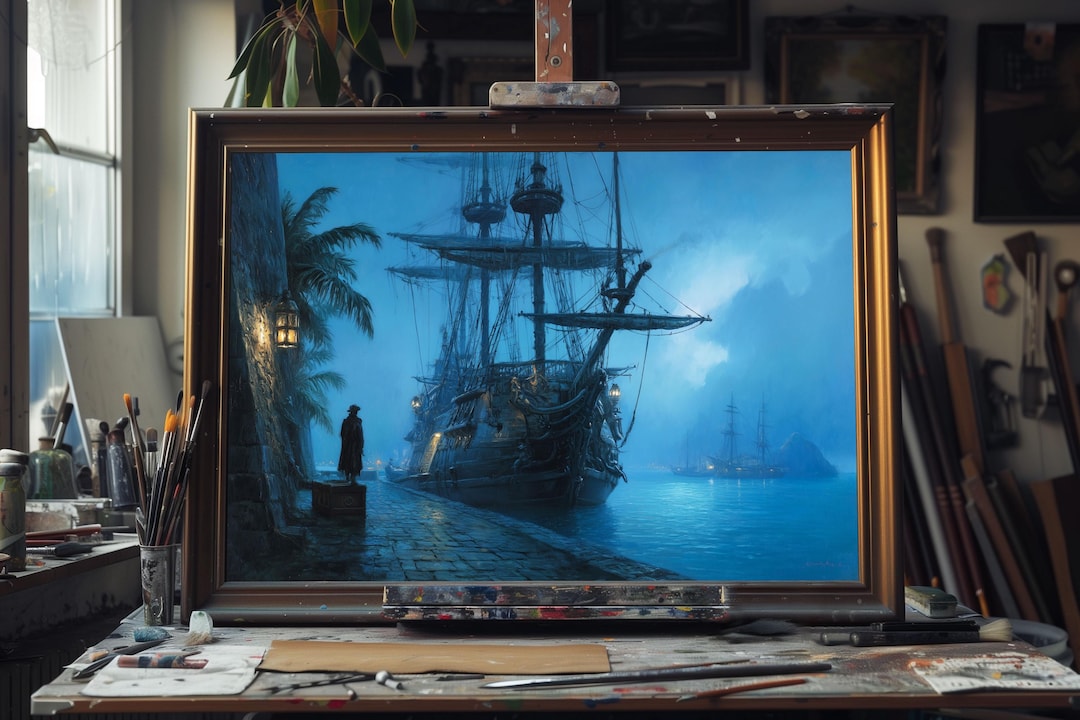 Original Oil Painting Pirate Ship Docked on Harbor, Nautical Seascape ...