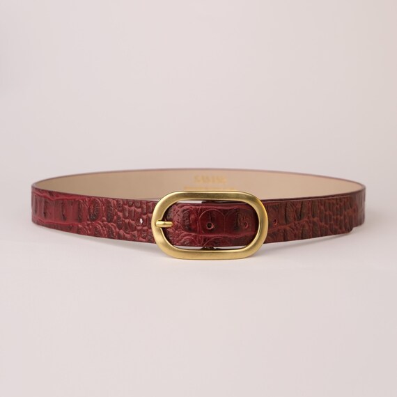 Burgundy Crocodile Print Leather Belt: Gold Buckle, Handmade  display picture 1