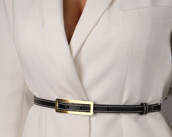 White Leather Belt With Gold Buckle & Studs: Classic Women display picture 1