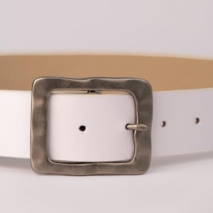 White leather belt - Square silver buckle - Versatile belt white - High-end leather belt - Casual belt for jeans - Stylish belt minimalist
