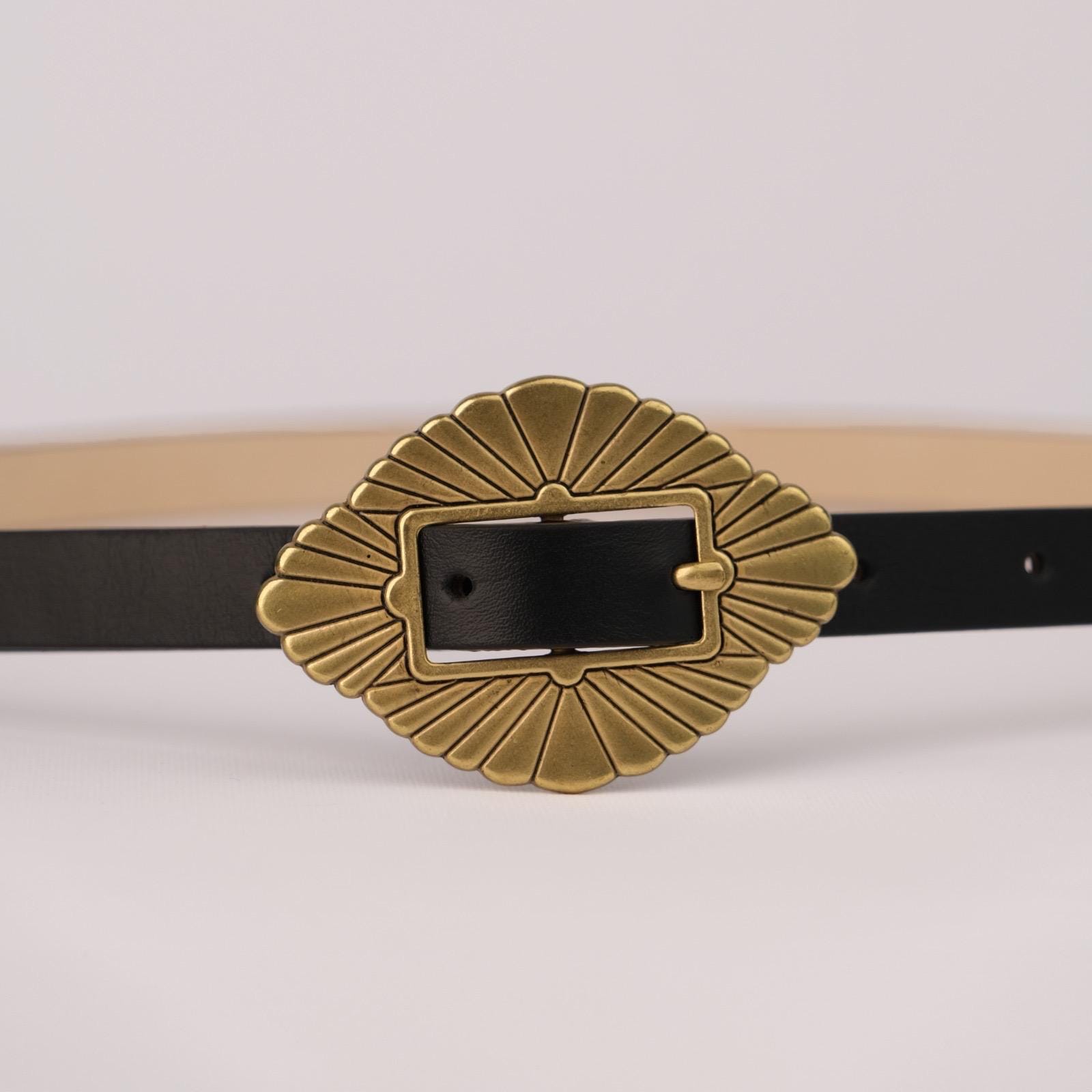 Elegant Black and gold Buckle Skinny Belt ✨?✨ Vintage Skinny Black Leather Belt With Gold Floral Buckle  main image 4