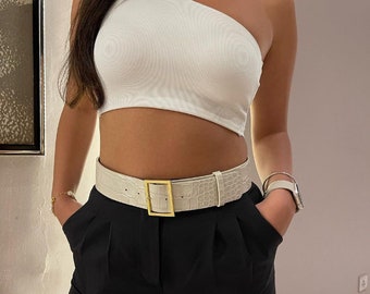 White Embossed Crocodile Leather - Gold Buckle - Crocodile Print Waist belt - White Waist Belt - Dress Belt for Women - Fashion belt Women