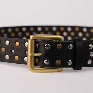 Belt leather with silver and gold studs - Belt black with roller brass buckle - Stylish belt women -Black belt for jeans with metal studs