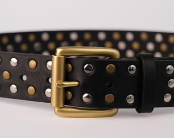 Schwarzer Leder Nietengürtel: Goldschnalle, Damen Taillengürtel
