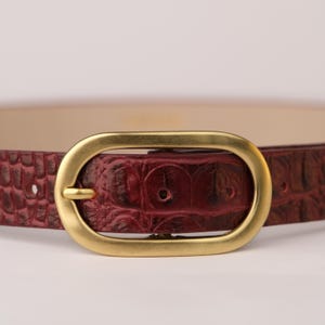 Burgundy Crocodile Print Leather Belt: Gold Buckle, Handmade Women&#39;s Belt
