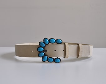 Beige Leather Belt Women - Belt Buckle with Blue Stones - Handmade Leather Belt - Belt with adorned Belt Buckle - Unique Gift Idea for her