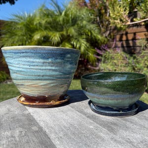 Handmade Planter Pots with Built-in Saucers & Drainage Holes, Hand-Painted Ocean-inspired Home Decor