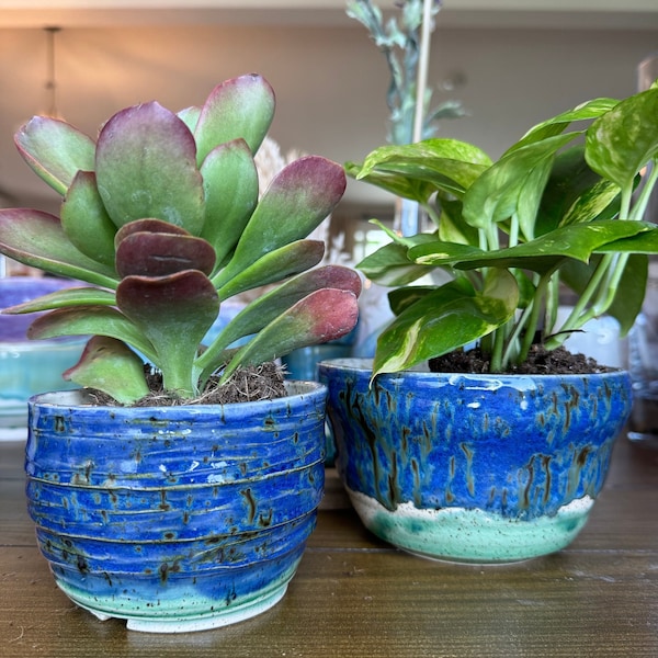 Cascade Textured Planter Pots with Drainage Holes, Blue Green Glazed White Speckle Ceramic Pots — Handmade Wheel-thrown Stoneware Pottery