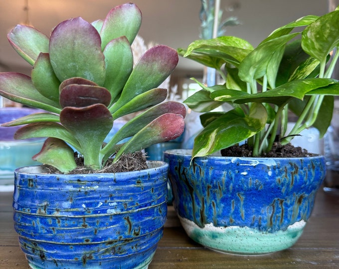 Cascade Textured Planter Pots with Drainage Holes, Blue Green Glazed White Speckle Ceramic Pots — Handmade Wheel-thrown Stoneware Pottery