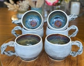 Grey Ombré Mugs with Hand-Braided Handles and Stunning Blue Green Earth Tone Interior, Set of 6 — Handmade Wheel-thrown Stoneware Pottery