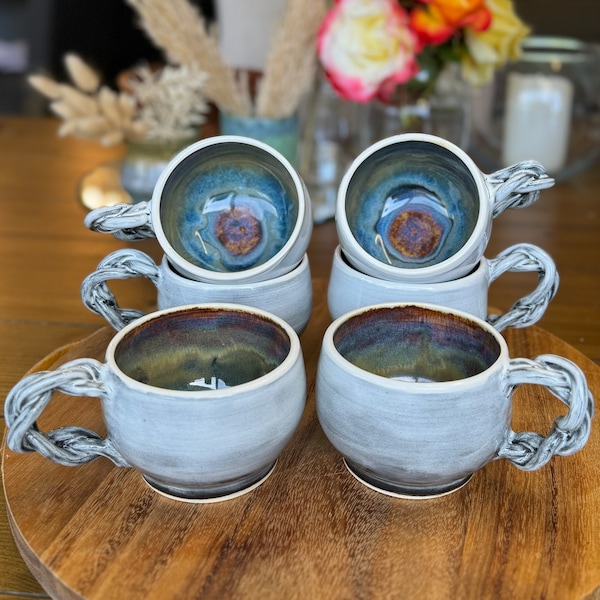 Grey Ombré Mugs with Hand-Braided Handles and Stunning Blue Green Earth Tone Interior, Set of 6 — Handmade Wheel-thrown Stoneware Pottery