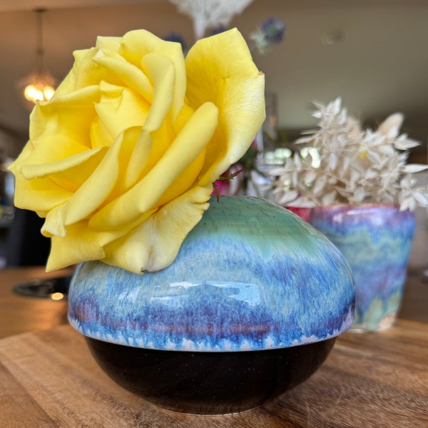 Spring Moon Vase with Vibrant Green Blue Purple Ombré and Trimmed Black Base, Sculptural  Ceramics — Handmade Wheel-thrown Stoneware Pottery