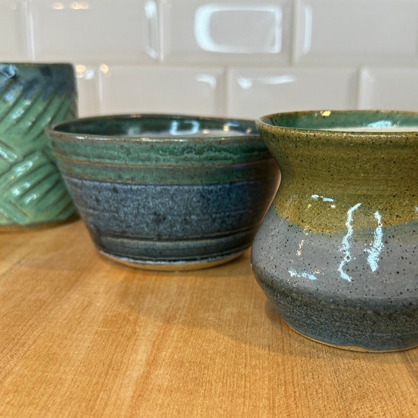 Indoor Vases Plant Pots, Trinket Bowls, Blue Green Glazed Ceramics — Handmade Wheel-thrown Stoneware Pottery