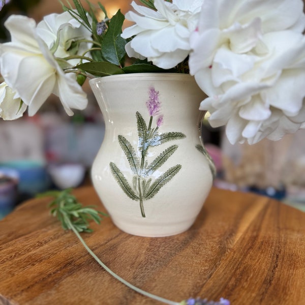 Spring Hand-pressed Lavender Ceramic Flower Vase, White, Hand-painted Green  Purple Flower Plants — Handmade Wheel-thrown Stoneware Pottery