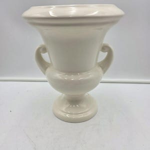 Vintage Haeger Pottery Large 11 Inch White Urn Vase Double Handle Pedestal Ceramic Trophy Vessel Mid Century Modern Floral Centerpiece